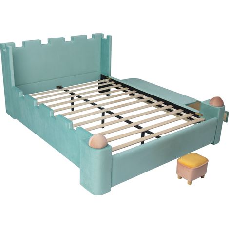 Letto per bambini doppio 140x200 cm in velluto blu-verde con cassetto e ripiano (1/5)