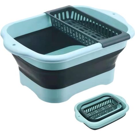 Lavabo plegable con desagüe y asa, 16,5 x 11,8 x 7,1 pulgadas, verde (1/4)