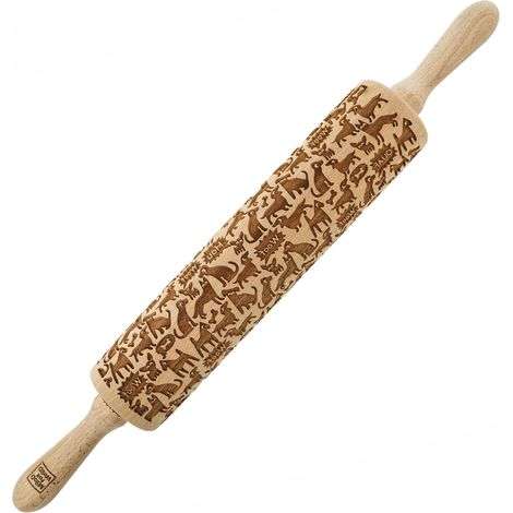 Mattarello in legno MoodForWood, inciso, 43 cm con manici, perfetto per la cottura al forno - Motivo cani (1/5)