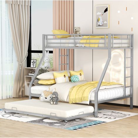 Litera 90/140x200 cm de metal con cama nido y escalera doble, plata (1/5)
