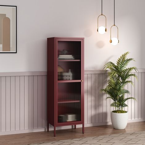 Vitrina Säkylä con puerta de cristal 3 estantes 150x50x35 cm Rojo bordeos [en.casa]