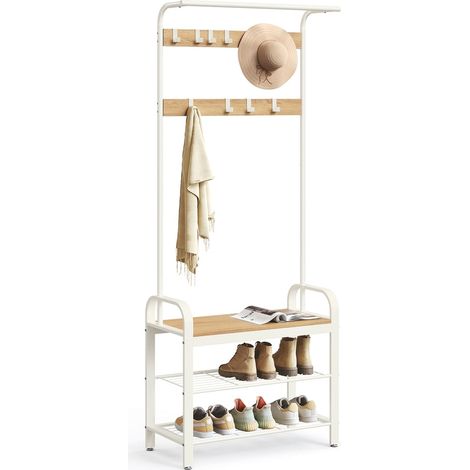 Porte-manteau avec banc multifonctionnel pour couloir 72 x 33,7 x 183 cm design moderne blanc (1/2)