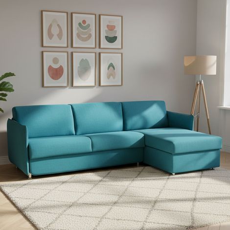Sofá Cama con Chaiselongue Scordia, Desenfundable, Almacenaje Hecho en Italia, Impermeable Multiposición Transformable, 260x160 cm Azul (1/5)