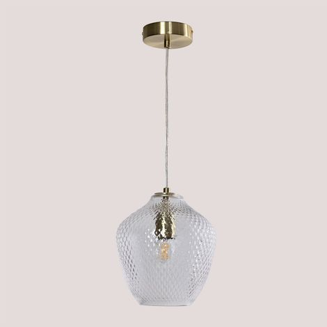 Sklum – Plafonnier Taylor en fer et verre doré – Hauteur 122cm – Largeur 20cm – Culot E-27 – Style vintage pour salon et salle à manger (1/5)