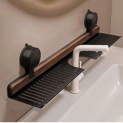 Étagère à ventouses pour salle de bain, support de rangement mural en bois sans perçage pour robinet, avec système de drainage perforé, noir. (1/5)