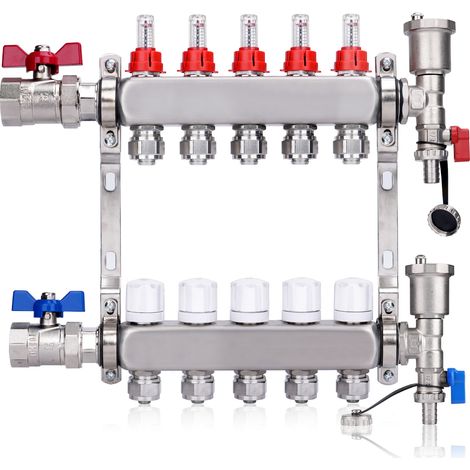 Kit Collecteur Radiateur, 5 Circuits Distributeur Chauffage, avec Eurocône 3/4 (20 x 2 mm), Vannes à Boisseau Sphérique 1", avec Purgeur Manuel et Débitmètre, Distributeur HKV