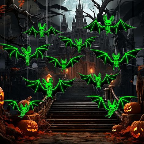 Décoration Halloween, 10 Pièces Halloween Chauve Souris Lumineux, Chauves-Souris Fluorescente Suspendues d'halloween en PVC Étanche pour Deco d'halloween Interieur Exterieur (1/5)