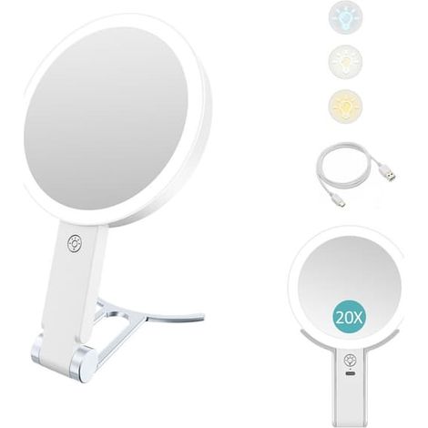 Miroir de maquillage double face Lollanda avec lumière LED – Miroir grossissant et éclairage réglable pour le maquillage et les soins de la peau 20X/1X (1/5)