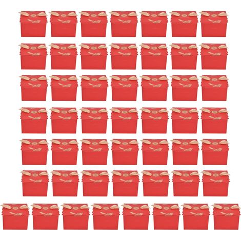 50 quadratische Bonbonboxen für Hochzeiten mit Goldband, innovative Kartonboxen für Partys und Geburtstage, rot und gold mit Feder (1/5)