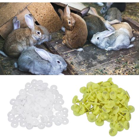 Etiquetas para orejas de mascotas – Paquete de 100 – PP amarillo resistente – Modelos 001 a 100 – Reutilizables – Para conejos (1/5)