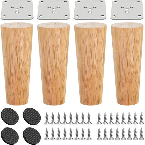 4 Pièces Pieds Meuble Bois Chêne Robuste Ronds 12cm, Jambe Support Canapé avec 32 Vis, Tapis Antidérapant et Plaques Montage, Pied Lit Rechange pour Table, Chaise, Bureau, Cuisine, Armoire, Fauteuil (1/5)