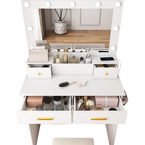 CHICFURN Toeletta 80 x 40 x 137 cm in MDF bianco, LED 3 temperature, presa, sgabello (1/5)