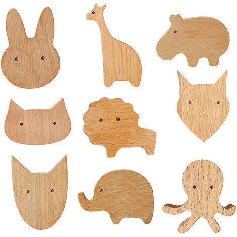 9-teiliges Set Wanddekoration aus Massivholz, Haken mit niedlichen Tiermotiven, Schlüsselhaken für Zuhause