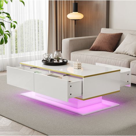 Table basse rectangulaire 100x50x40 cm avec LED, 3 tiroirs et niche ouverte, blanc et or (1/5)