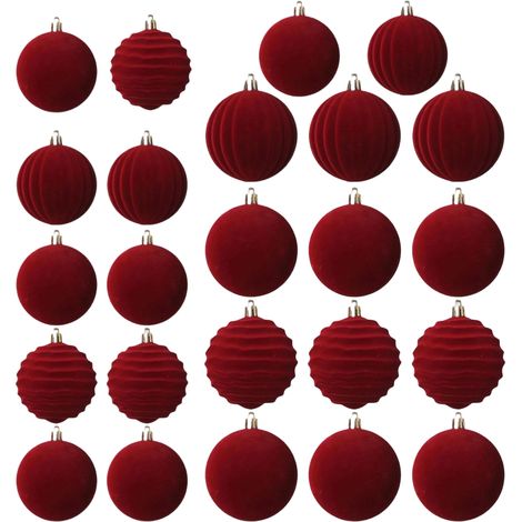 Set mit 24 Samt-Weihnachtskugeln, 6 cm x 8 cm, beflockt, unzerbrechlich, für Weihnachtsbaumschmuck (Rot) (1/5)