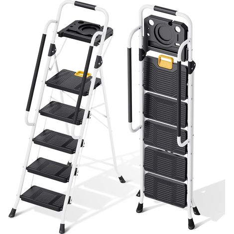 Escabeau Pliable 5 marches Charge maximale de 150kg Verrouillage de sécurité, pédales Larges accoudoirs escabeau escamotable légères pour la Maison, Cuisine, Placard et Bureau, Blanc (1/5)
