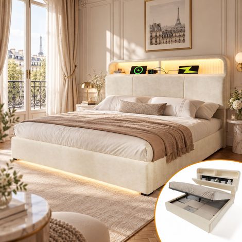 Lit Coffre Rembourré 160 x 200 cm avec Rangement Hydraulique, Tête de Lit avec Rangement Réglable en Hauteur,LED,USB et Type-C, sans Matelas Beige (1/5)