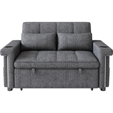 Divano letto 2 posti grigio in ciniglia con LED, porte USB e Type-C (1/5)