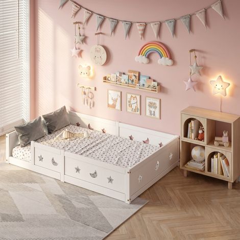 Lit simple enfant 140x200 cm,lit montessori,Chute et Sommier à lattes, motif étoiles et lune, pin massif, Style moderne,blanc