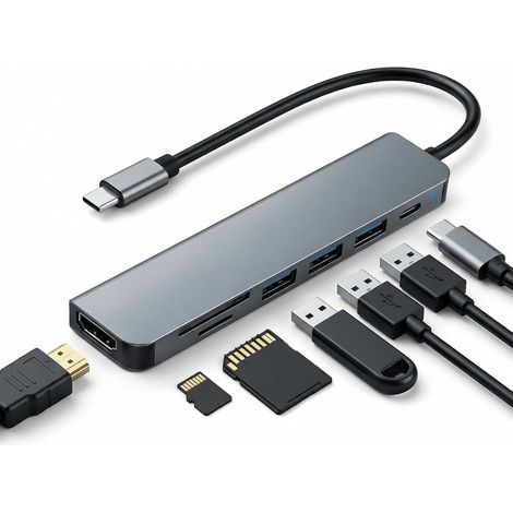 Hub USB C 7 en 1 avec HDMI 4K@30Hz, Adaptateur Multiport Dock avec PD 100W, 1x USB 3.0 5Gbps + 2X USB 2.0, Lecteur de Carte SD/TF, Adaptateur Type-C pour Station d‘Accueil, pour iPhone MacBook iPad (1/5)