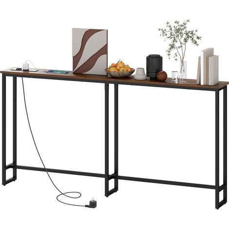 Konsolentisch, Flurtisch mit Integrierte Ladestation, Stahlbeine, Schmal Beistelltisch im Industriell Stil für Flur Eingang Büro, Stahl, 160 x 20 x 80 cm Rustikal-Braun Aosom