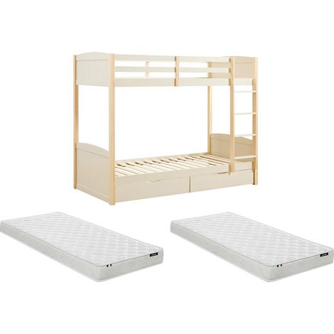 Lits superposés 2 x 90 x 200 cm - 2 tiroirs - Pin et MDF – Beige et naturel + Matelas - LIMODARA