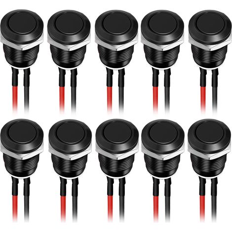10 pulsadores momentáneos impermeables de acero inoxidable de 12 mm, 12 V, 2 A, de encendido/apagado, redondos, para coche, PC, lámpara de mesa (cabezal plano), color negro.