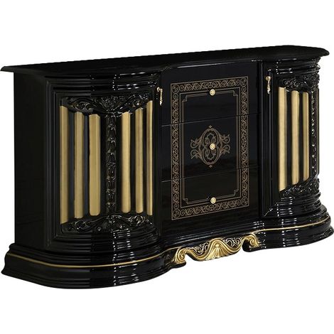 Buffet 2 portes 3 tiroirs bois vernis laqué brillant noir et doré Lesly 134cm (1/3)