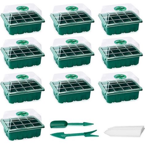 Juego de 10 bandejas de siembra con propiedades reguladoras de humedad (12 celdas por bandeja) con tapas y base ajustables，verde (1/5)