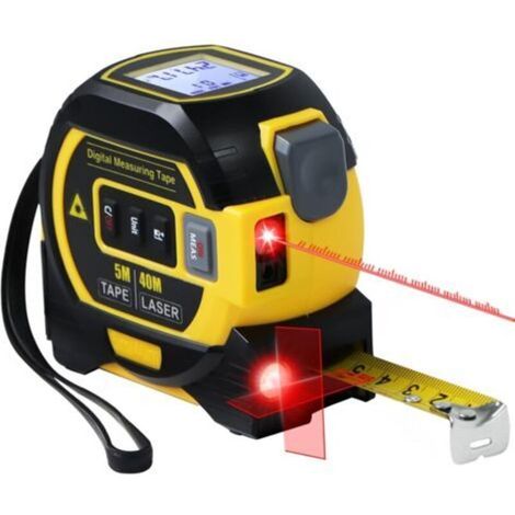 Mètre ruban laser 3 en 1 avec niveau à croix - Outil de mesure laser numérique 40 m, écran LCD autonivelant, unités po/pi/m ,Ruban de 5 m,Jaune