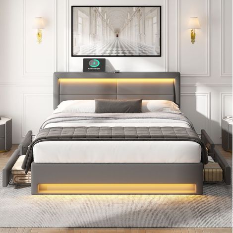 Cama tapizada 140x200 con LED USB y 4 cajones OKMYHOME (1/5)