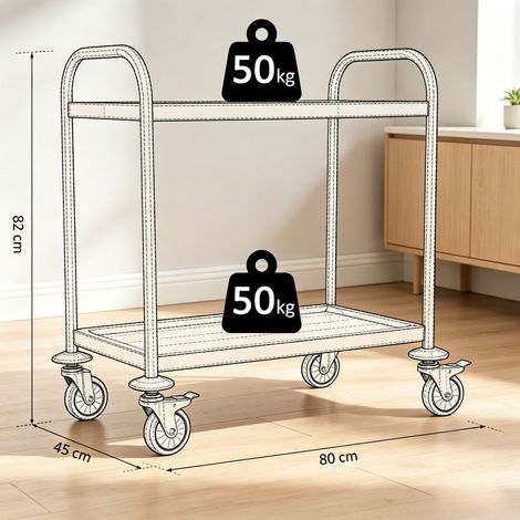 Chariot de cuisine robuste et polyvalent, table roulante de service élégante, étagère de rangement à deux niveaux, meuble mobile pratique pour intérieur. (1/5)