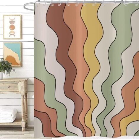Rideau de douche Retro Vintage Groovy 180x180, Esthétique Coloré Orange Jaune Vert Hippie Trippy Mid Century Art Abstrait Rideau de baignoire Imperméable Polyester Tissu Lavable Rideau de bain