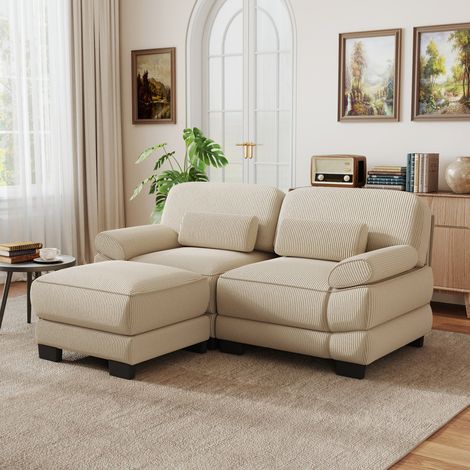 MODFU – Sofá esquinero modular de 2 plazas 194x161x94 cm de pana con puff, cojín lumbar, espuma HD y carga 380 kg – Beige (1/5)