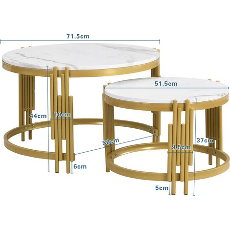 Set de tables basses modulables, finition marbre, piètement métal doré, tables rondes deux tailles (1/5)