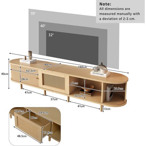 Meuble TV bas moderne avec rangement, table télé design arrondi et porte à rideau, en MDF, tiroir intégré, support pour écrans jusqu'à 75 pouces, convient au salon et salle à manger, 180x40x40cm, fini (1/5)