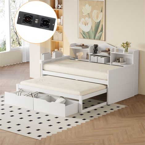 Lit gigogne 90x200cm+90x190cm - cadre en bois massif avec sommier à lattes, prise USB, étagères et 2 tirois, blanc (1/5)
