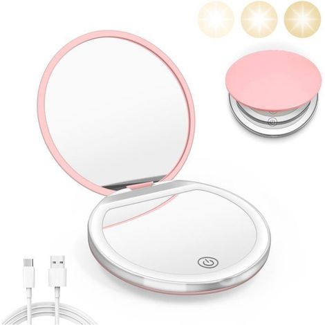 Miroir Compact LED Grossissant 1X/2X avec Câble USB - Poche Sac Voyage Lampe Intégrée Cadeau Pratique Rose (1/5)