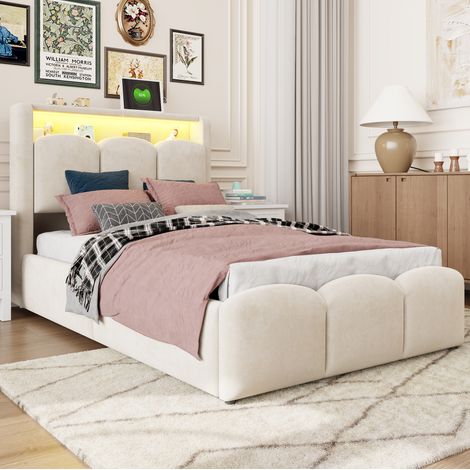 Polsterbett 90x200 cm mit hydraulischem Stauraum, LED, USB und Type-C, Beige OKMYHOME (1/5)
