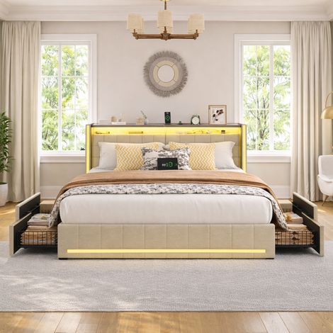 Lit double 180x200 cm avec sommier à lattes, tête de lit rembourré avec LED et USB Tpye C, 4 tiroirs de rangement, Lit capitonné 2 Personnes, tissu en lin, beige