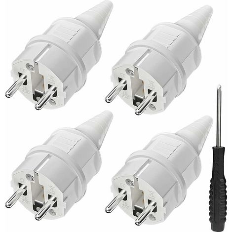 Schuko-Stecker mit Knickschutz [4 Stück], 4 x Gummi-Erdungsstecker (250 V/16 A) + 1 x Schraubendreher, Außenstecker, IP44 wasserdichter Netzstecker für den Außenbereich
