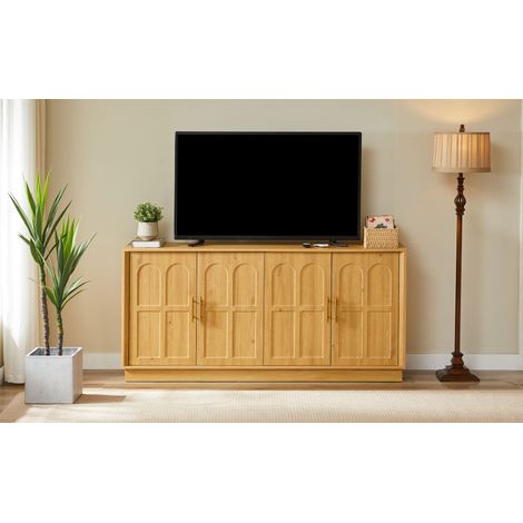 Grand buffet en bois massif avec étagères, vitrine design à panneaux courbés, meuble de télévision de 169 cm, parfait pour séjour, salle à manger, cuisine ou entrée, teinte naturelle, dimensions 169 x (1/5)