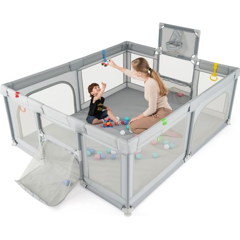 Parc pour Bébé 188 x 157 cm avec Panier de Basket But de Football Barrière de Jeu avec Porte Zippée Maille Anneaux de traction Gris Clair