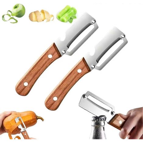 Lot de 2 éplucheurs de fruits et légumes multifonctions 2 en 1 de qualité supérieure avec ouvre-bouteille, manche en bois, lame en acier inoxydable - zéro accroc, surface lisse (1/5)