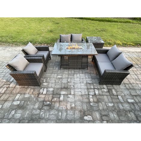 Fimous Wicker PE Rattan Garden Furniture Sets 6 Seater Patio Outdoor Gas Firepit Dining Table Heater Set with Double Seat Sofa Side Table Dark Grey Mixed (1/5)