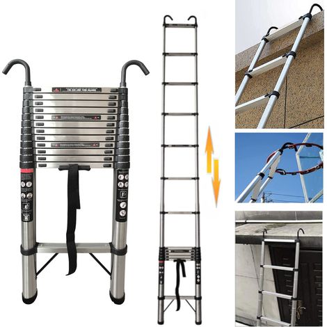 Compact Telescopic Ladder 5m/16.5ft 150kg Capacity EN131 With 2 Detachable Hooks
