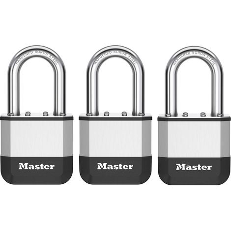 Master Lock Elite™ Cadenas innovant nouvelle génération, en acier laminé haute résistance de 52 mm - anse en acier au bore trempé de 38 mm - 2 clés - Pack de 3