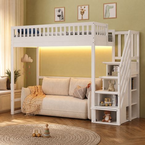 Cama alta 90x200 cm de madera blanca con escalera con almacenaje, sin colchón – MEUBLIV (1/5)