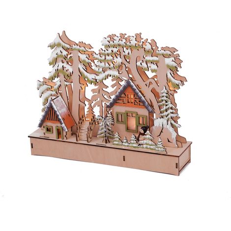 Holz Winterlandschaft beleuchtet 30x23 cm - 10 LED - Weihnachts Dorf Tisch Deko Szene Fensterdekoration