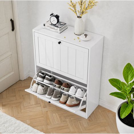 Mueble zapatero 92,5x42x17,8 cm con 2 puertas abatibles, ahorro de espacio, MDF blanco para entrada y pasillo (1/5)